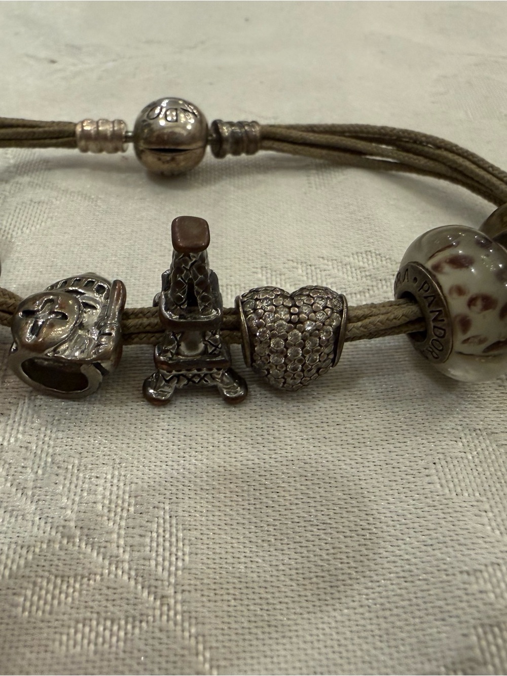 Pandora Beige Cord Bracelet with Silver Eiffel Tower, Heart & Murano Charms